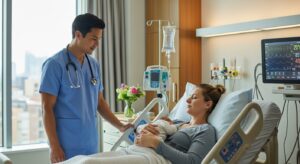 Healthcare provider monitoring postpartum patient for hemorrhage prevention following WHO 2025 guidelines