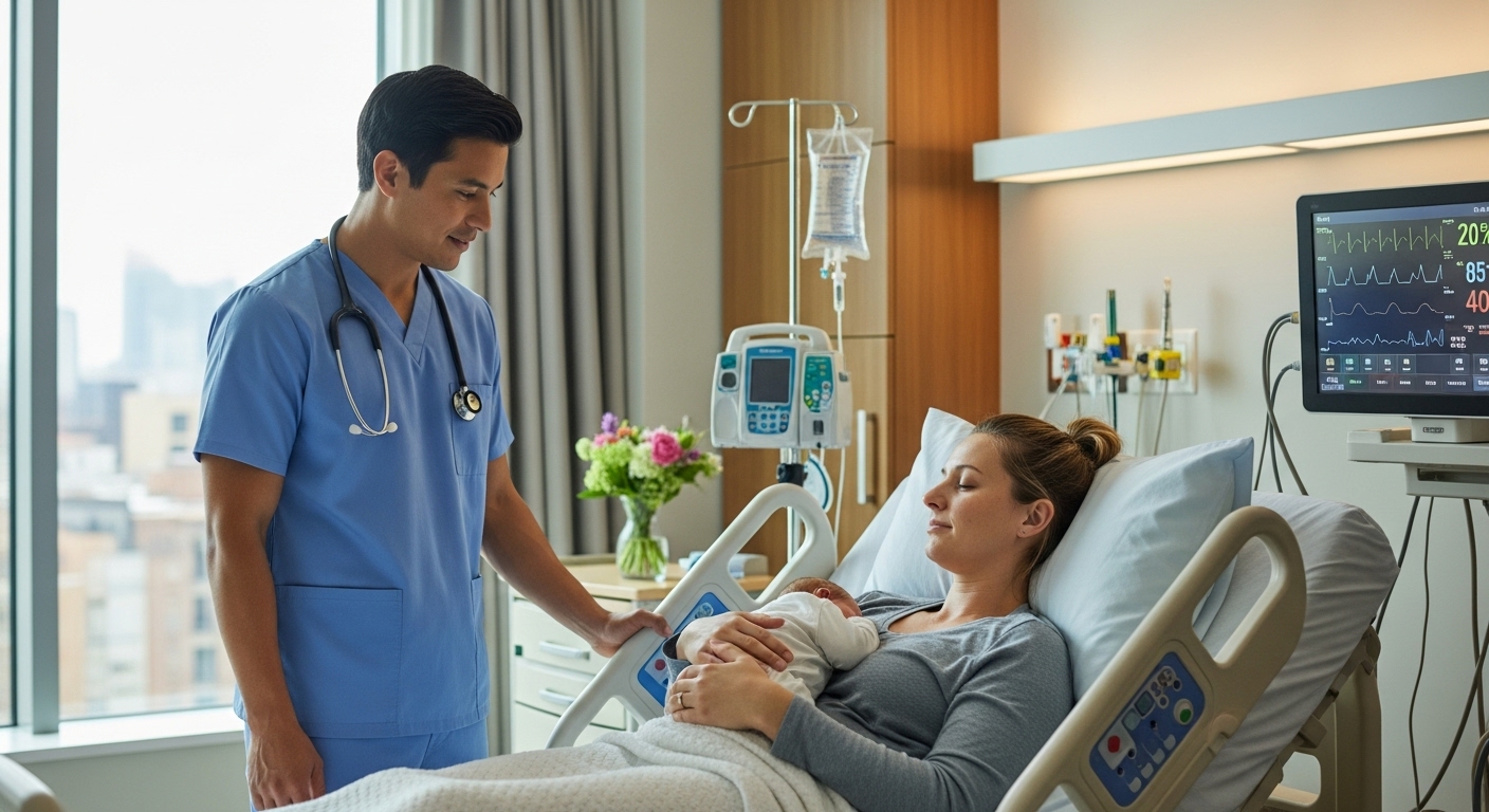 Healthcare provider monitoring postpartum patient for hemorrhage prevention following WHO 2025 guidelines