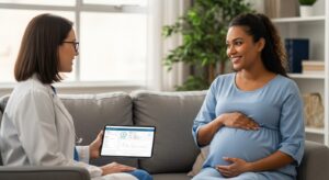 Pregnant woman discussing postpartum hemorrhage prevention strategies with healthcare provider