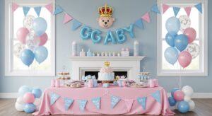 A mockup of a royal baby gender reveal party with blue and pink decorations