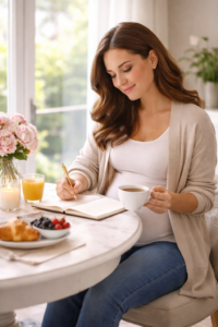 pregnant woman morning routine with tea and journaling for healthy pregnancy lifestyle