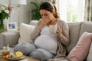 pregnant woman using natural ginger tea to relieve morning sickness at home