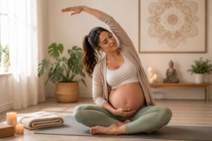 Pregnant woman doing prenatal yoga in a softly lit room with calm ambiance