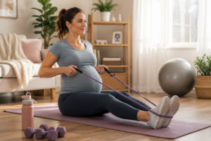 Pregnant woman using resistance bands or light weights for low-impact strength training