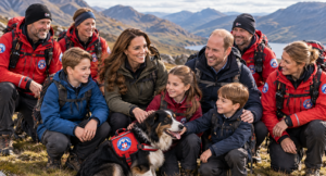 Kate Middleton, Prince William, and their three children outdoors with mountain rescue volunteers and a rescue dog
