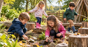 Young children playing outdoors in a nature-rich environment